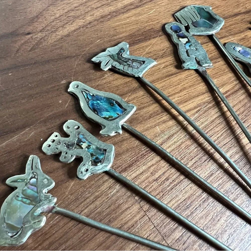 Vintage Set of 12 Abalone Mother of Pearl Inlay Mexican Silver Cocktail Picks